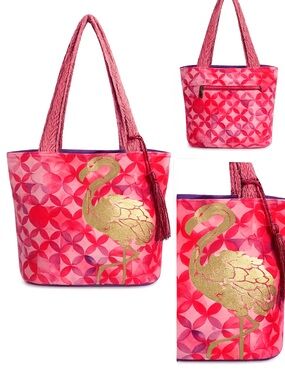 Ruby Rox Pink Floral Gold Flamingo Tote Beach Bag